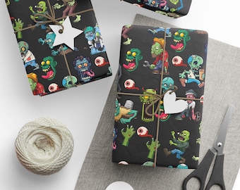 May include: Black wrapping paper with a repeating pattern of cartoon zombies with colourful clothing and accessories. The paper is wrapped around a gift box with a white star and a brown twine bow.