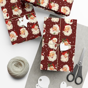 Burgundy Retro Santa Wrapping Paper, Xmas Wrapping Paper, Retro Wrapping Paper, Santa Wrapping Paper, Dark Red Christmas Wrapping Paper