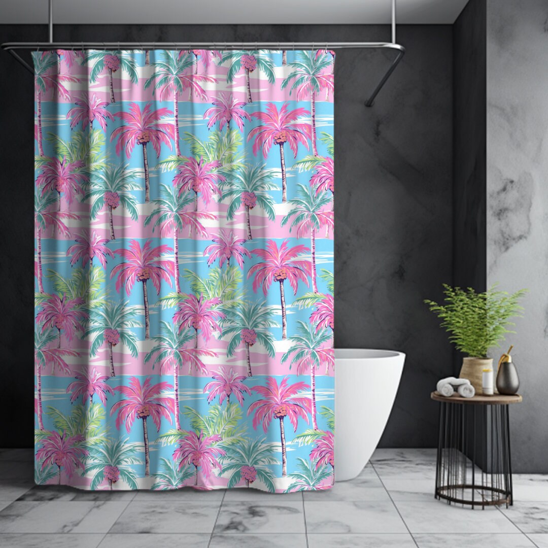 Preppy Coastal Palm Tree Shower Curtain, Palm Tree Shower Curtain, Beachy Bathroom, Summer Home Decor, Beach Shower Curtain, Beach Decor