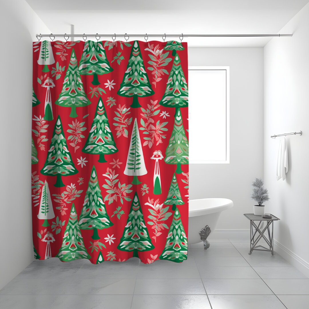 JIRGIXA Christmas Bird Shower Curtain – Red Poinsettia Winter Holiday Scene, Fabric Bathroom Decor