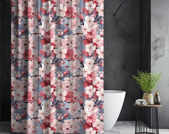 Custom Baby Blue Cherry Blossom Fabric Shower Curtain, Baby Blue Shower Curtain, Cherry Blossom Bathroom Decor, Spring Floral Shower Curtain