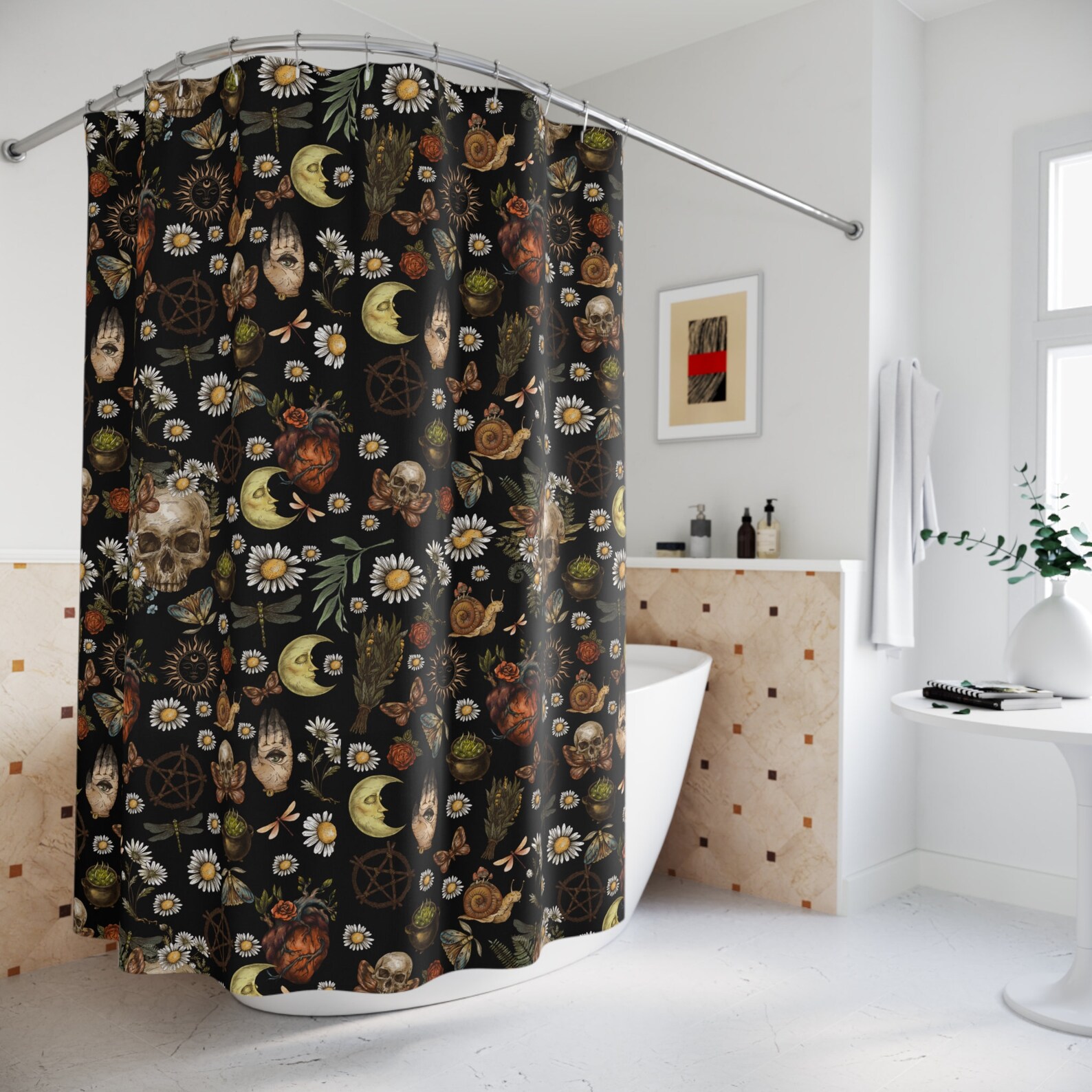 Dark Cottagecore Shower Curtain Black Shower Curtain Skull Etsy