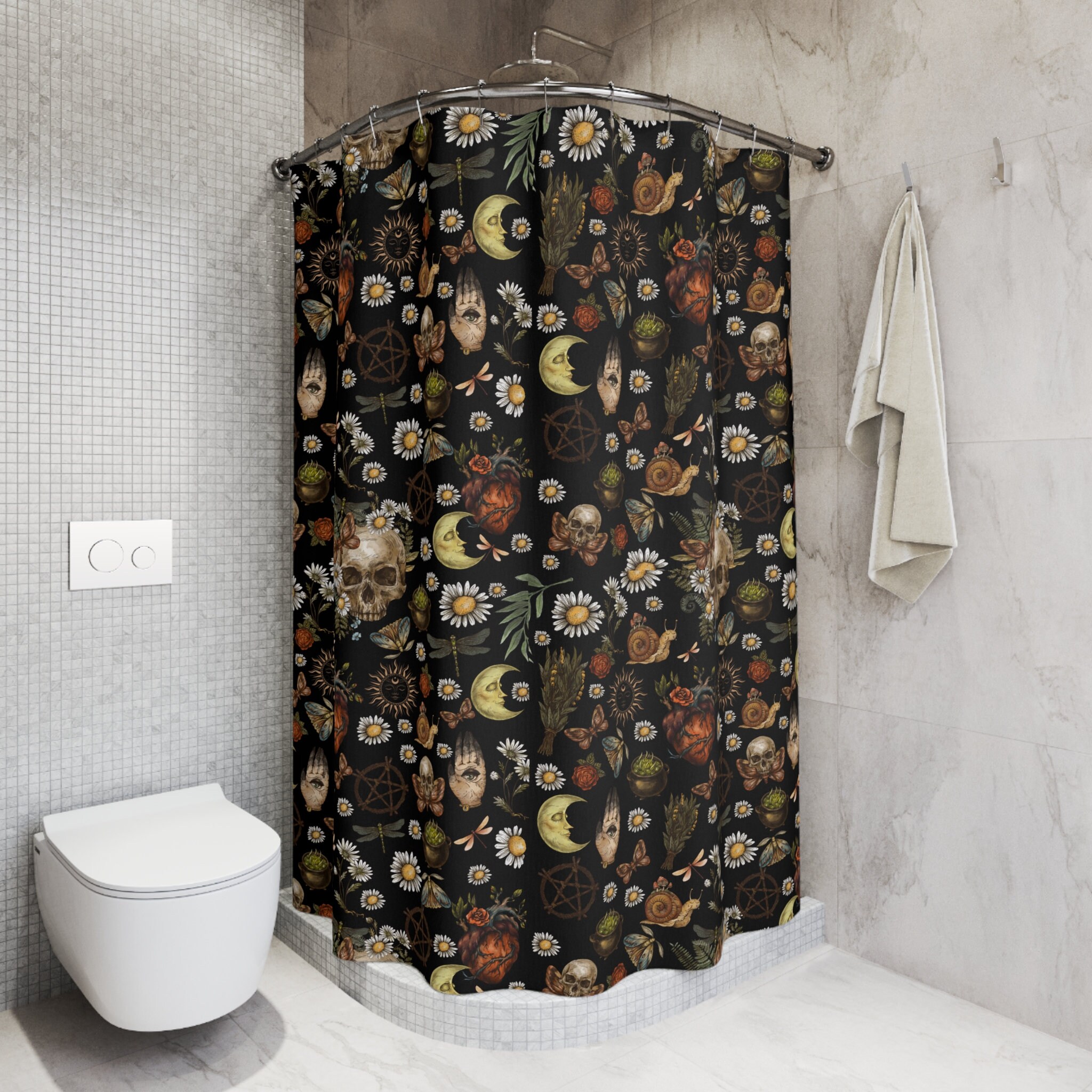 Dark Cottagecore Shower Curtain Black Shower Curtain Skull Etsy