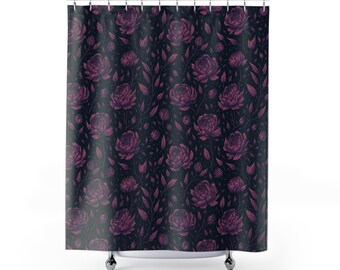 Dark Moody Floral Shower Curtain, Gothic Cottagecore Bathroom Decor