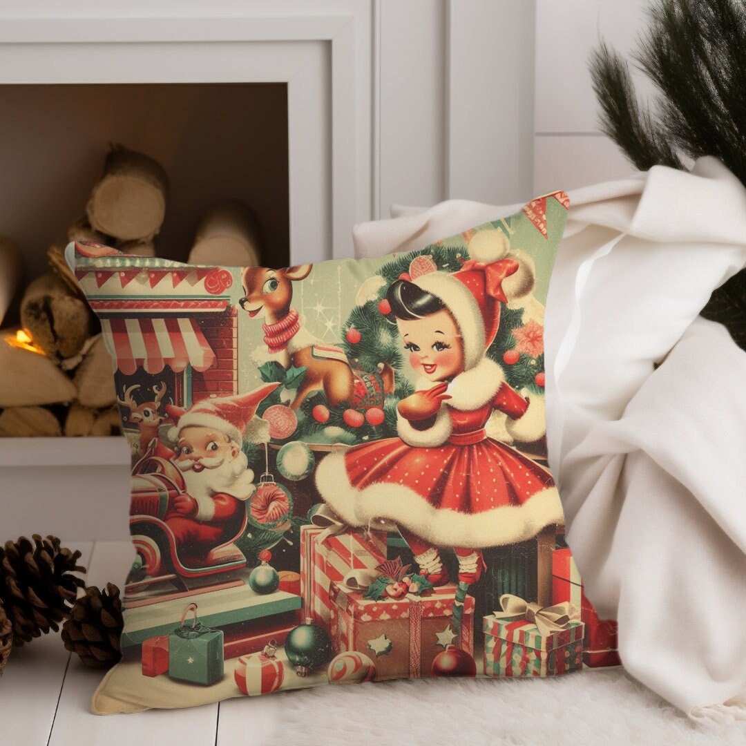 Retro Christmas Throw Pillow, Vintage Vibes Christmas Throw Pillow, Mid ...