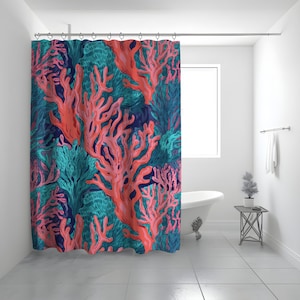Preppy Colorful Coral Shower Curtain, Summer Vibes Shower Curtain, Island Vibes Shower Curtain, Orange Shower Curtain, Tropical Bath Decor