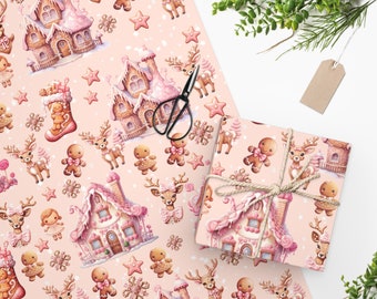 Gingerbread House Wrapping Paper, Pink Christmas Theme