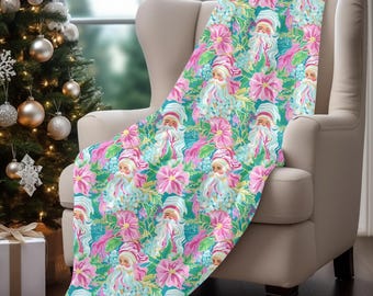 Preppy Pink Christmas Blanket, Coastal Christmas Decor