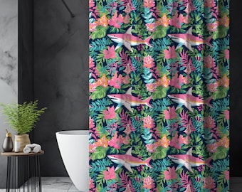 Tenda da doccia con stampa squalo preppy, tenda da doccia squalo, bagno da spiaggia, tenda da doccia tropicale, tenda da doccia da spiaggia, bagno preppy