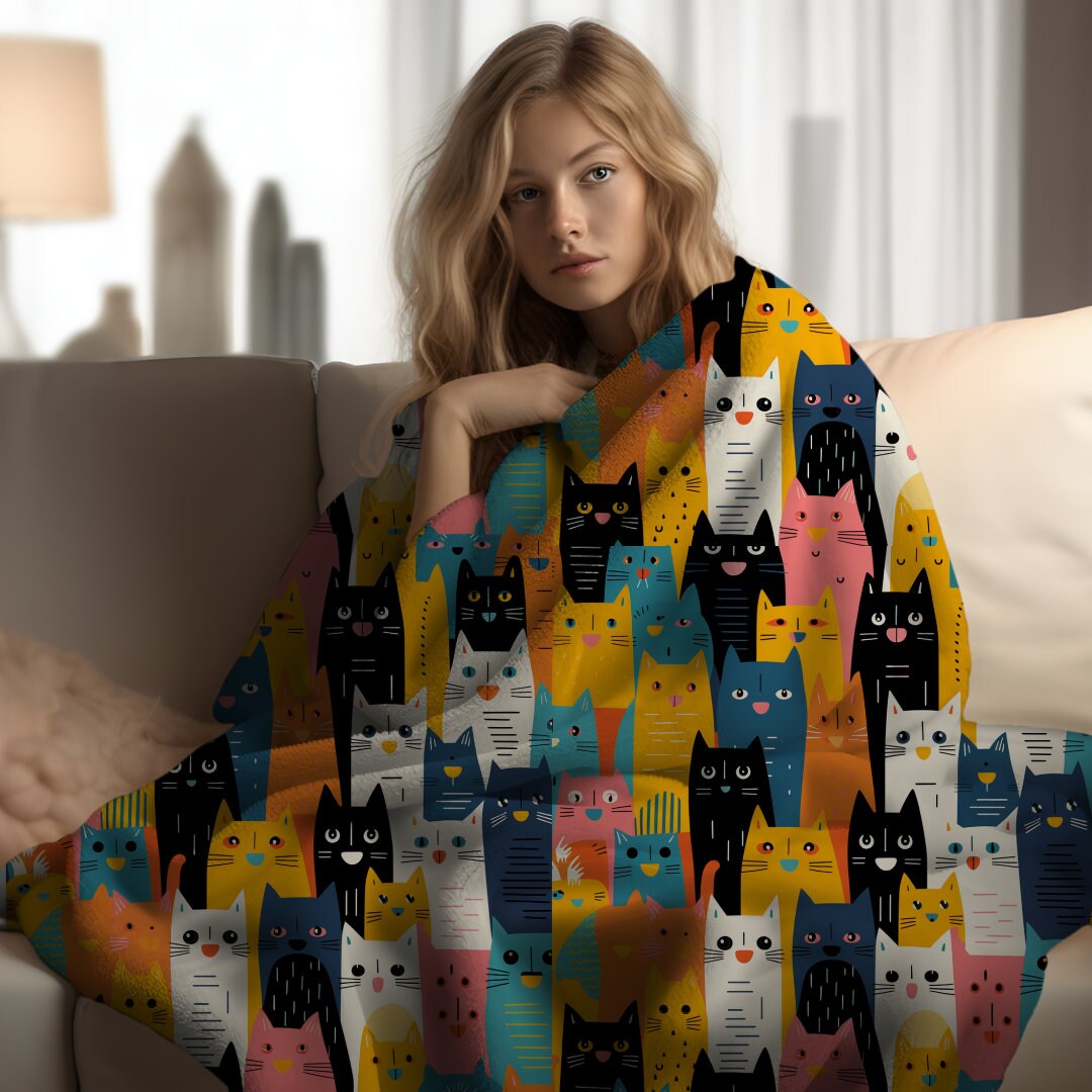 Colorful Cat Throw Blanket, Velveteen Cat Throw Blanket, Elective Home Decor, Cat Lover Blanket