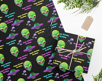 Psychedelic Alien Birthday Wrapping Paper, UFO Sci-Fi Gift Wrap