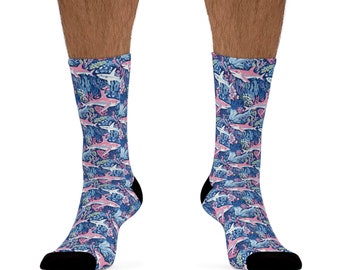 Calcetines con estampado de tiburón, calcetines con estampado personalizado, calcetines con estampado tropical, calcetines preppy, regalo para papá, calcetines divertidos, calcetines de papá pescador, regalo ecológico