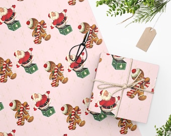 Retro Vintage Pink Gingerbread Man and Santa Custom Wrapping Paper