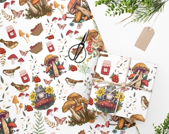 Cottagecore Wrapping Paper, Mushroom Frog Bird Print
