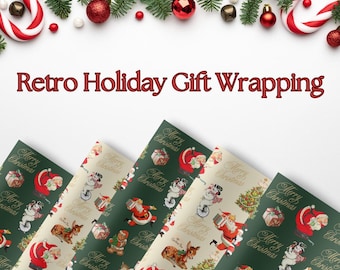 Papel de regalo retro verde oscuro, papel de regalo vintage navideño, papel de regalo navideño de mediados de siglo, papel de regalo navideño
