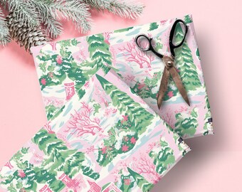 Pink and Green Christmas Wrapping Paper, Snowy Village Gift Wrap