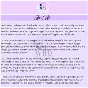 May include: A purple and white graphic with the text "4who Tees & Gifts" and the text "About Us". The text describes a small business that creates personalized and custom gifts. The business is run by a mother and son team, and they take pride in creating gifts that bring joy and meaning to their customers' special moments.