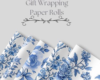 Envoltura de regalo elegante con estampado chinoiserie de toile azul para bodas y ocasiones especiales, envoltura de regalo de aniversario, rollo de papel de regalo con flores azules