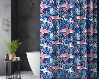 Tenda da doccia con stampa squalo preppy, tenda da doccia squalo, bagno da spiaggia, decorazione per la casa estiva, tenda da doccia da spiaggia, bagno preppy
