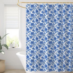 Chinoiserie Shower Curtain | Blue Floral Toile Fabric Shower Curtain | Elegant Bathroom Decor| Classic Traditional French Country Decor