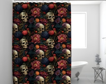Gotisch douchegordijn met schedel en bloemen, donker romantisch herfstdecor
