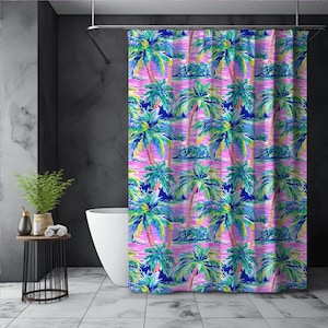 Custom Preppy Palm Tree Print Shower Curtain, Spring Shower Curtain, Tropical Shower Curtain, Tropical Home Decor, Coastal Shower Curtain