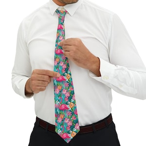 Tropical Flamingo Men&#39;s Necktie, Men&#39;s Hawaiian Necktie, Flamingo Necktie, Gift for Dad, Gift for Husband, Summer Vibes Neck Tie, Custom Tie