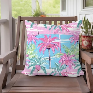 Preppy Pastel Palm Print Pillow Case, Palm Print Pillow Case, Tropical Pillowcase, Coastal Throw Pillow, Pink Palm Tree Pillowcase