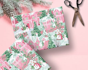 Preppy Weihnachtsdorf Geschenkpapier, Rosa Weihnachtsgeschenkpapier, Rosa und Grünes Weihnachtsgeschenkpapier, Feiertagsgeschenkpapier Rollen