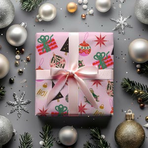 Pink Retro Mid-Century Christmas Wrapping Paper, Pink Wrapping Paper for Christmas, Cute Retro Holiday Wrapping Paper, Custom Wrapping Paper