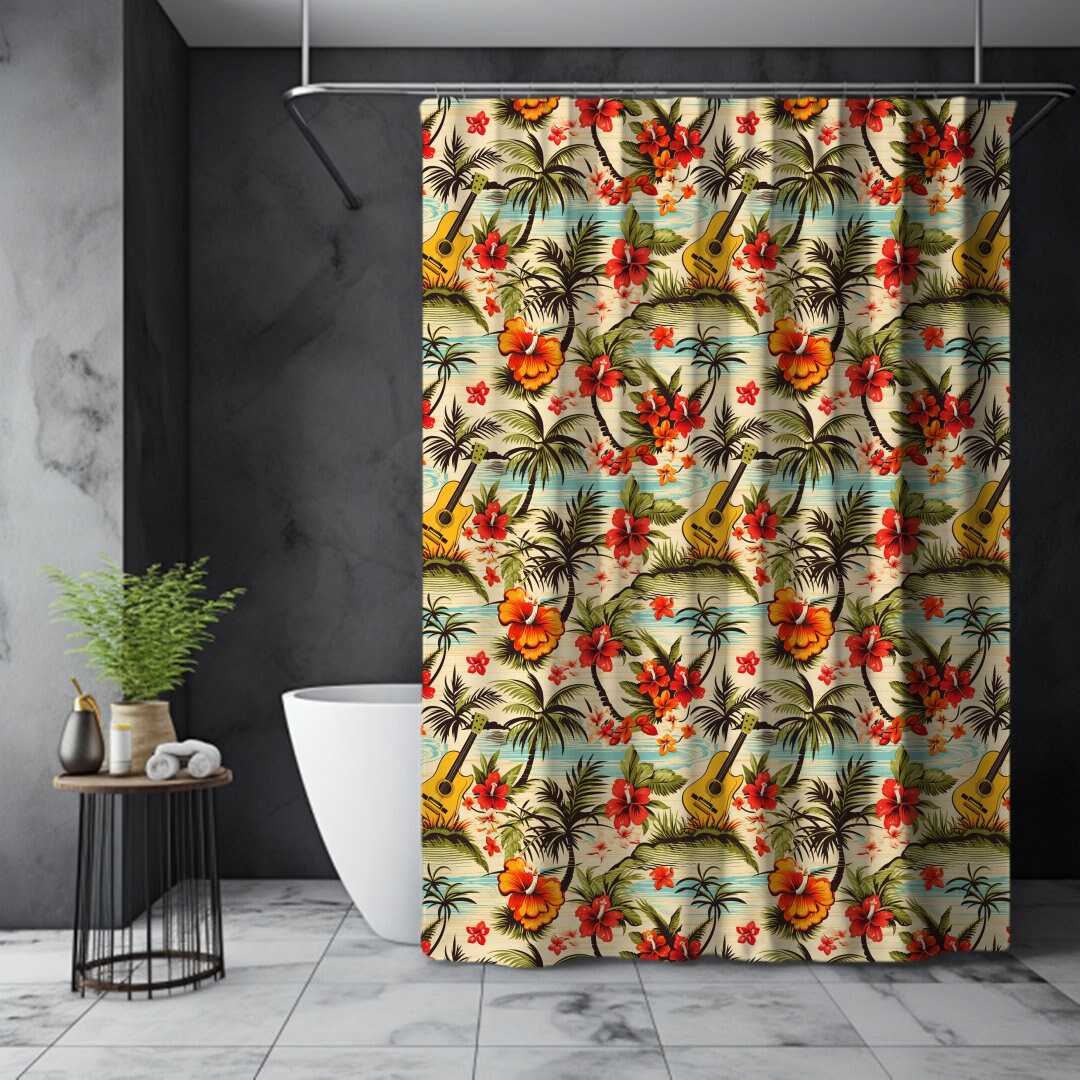 Retro Hawaiian Shower Curtain Retro Hawaiian Landscape Shower Etsy