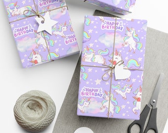 Papel de regalo de cumpleaños de unicornio personalizado, diseño de nube lavanda