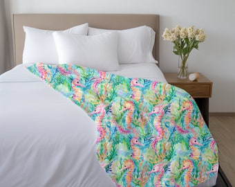 Coastal Seahorse Throw Blanket, Sealife Throw Blanket, Tropical Throw Blanket, Beachy Shower Curtain, Ocean Theme Bathroom, Summer Bathroom