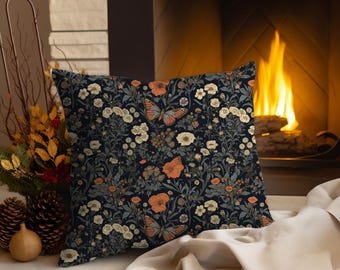 Dark Cottagecore Throw Pillow, Moody Room Decor, Moody Dorm Decor, Wildflower Throw Pillow, Dark Academia Room Decor, Butterfly Pillow