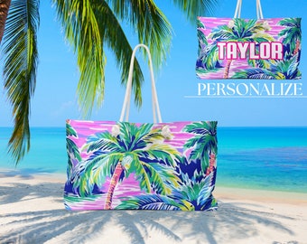 Preppy Tropical Palm Tree Weekender Bag, Preppy Beach Bag, Personalized Beach Bag, Personalized Weekender Bag, Gifts for her
