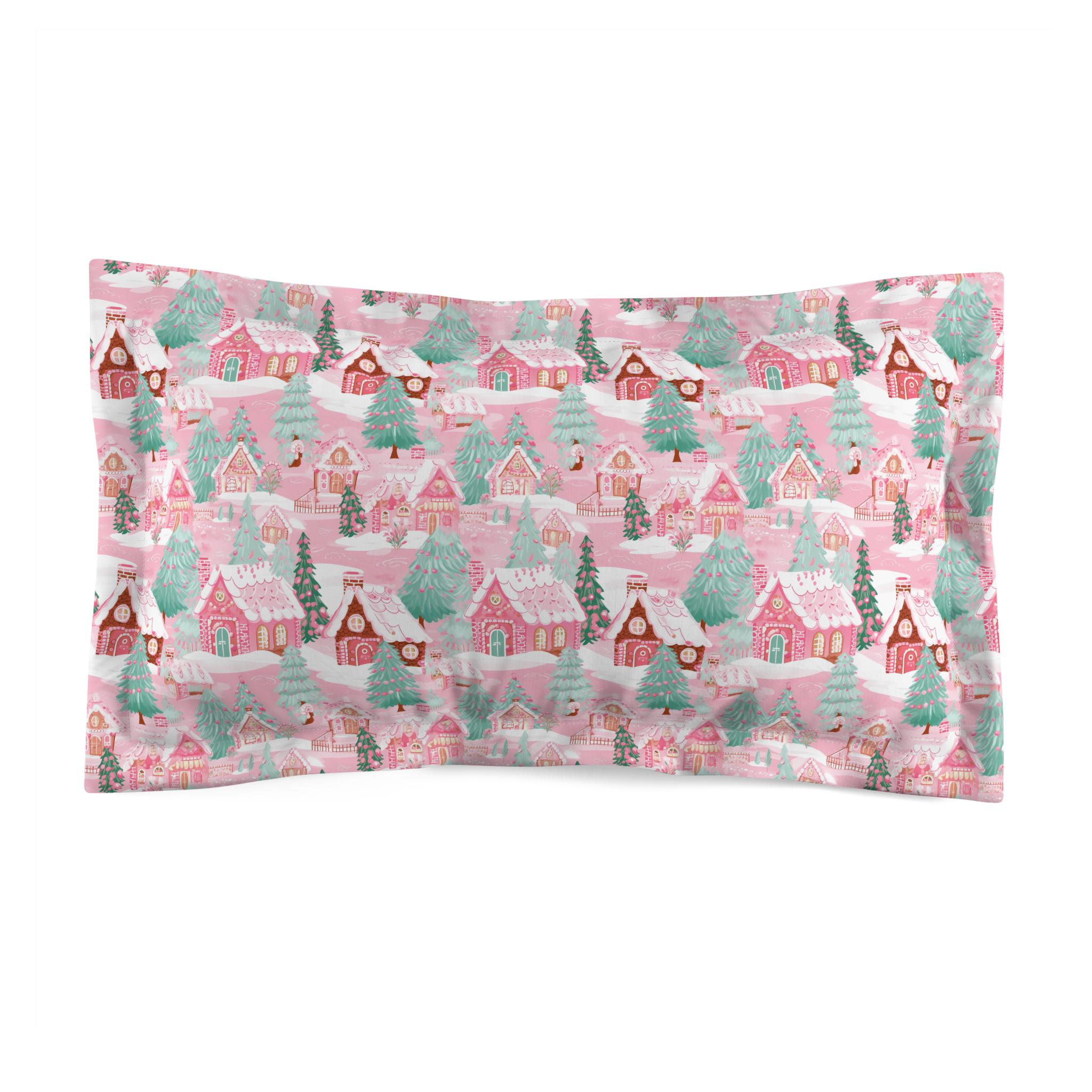 Pink Gingerbread Pillow Sham, Pink Christmas Pillow Sham, Pink Christmas Village Decor, Pink Christmas Bedding, Gingerbread Bedding,