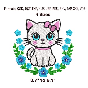 Kitten with Flowers Embroidery Design, Cute Cat with Flowers, Digital Download for Embroidery Machine, Machine Embroidery File