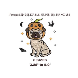 Halloween Embroidery Design, Pumpkin Pug dogEmbroidery Design, 8 sizes, halloween digital embroidery file, machine pattern, instant download