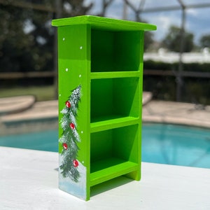 Green Miniature Christmas Bookshelf Furniture Book Case Display Shelf Cabinet, Hand Painted Dollhouse Decor 1:12 Mini Miniatures Holiday