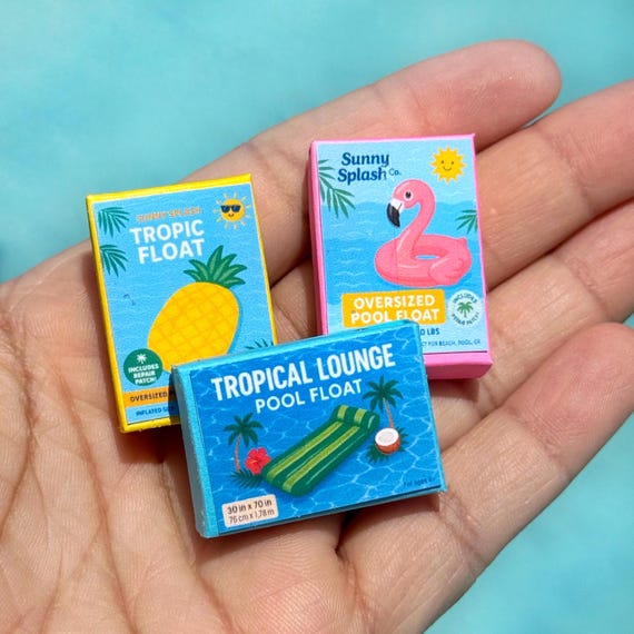 Dollhouse Summer Miniatures Mini Pool Float Boxes 1:12 Scale Decor Lounger, Pineapple, Flamingo Outdoor Accessories Doll Beach Decor
