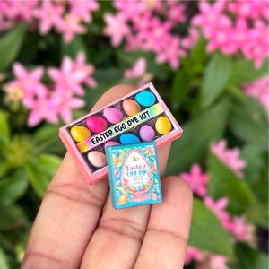 Miniature Easter Dollhouse Colorful Easter Egg Dye Kit Box, Mini Spring Doll House Home Decor, Kitchen Basket Minis