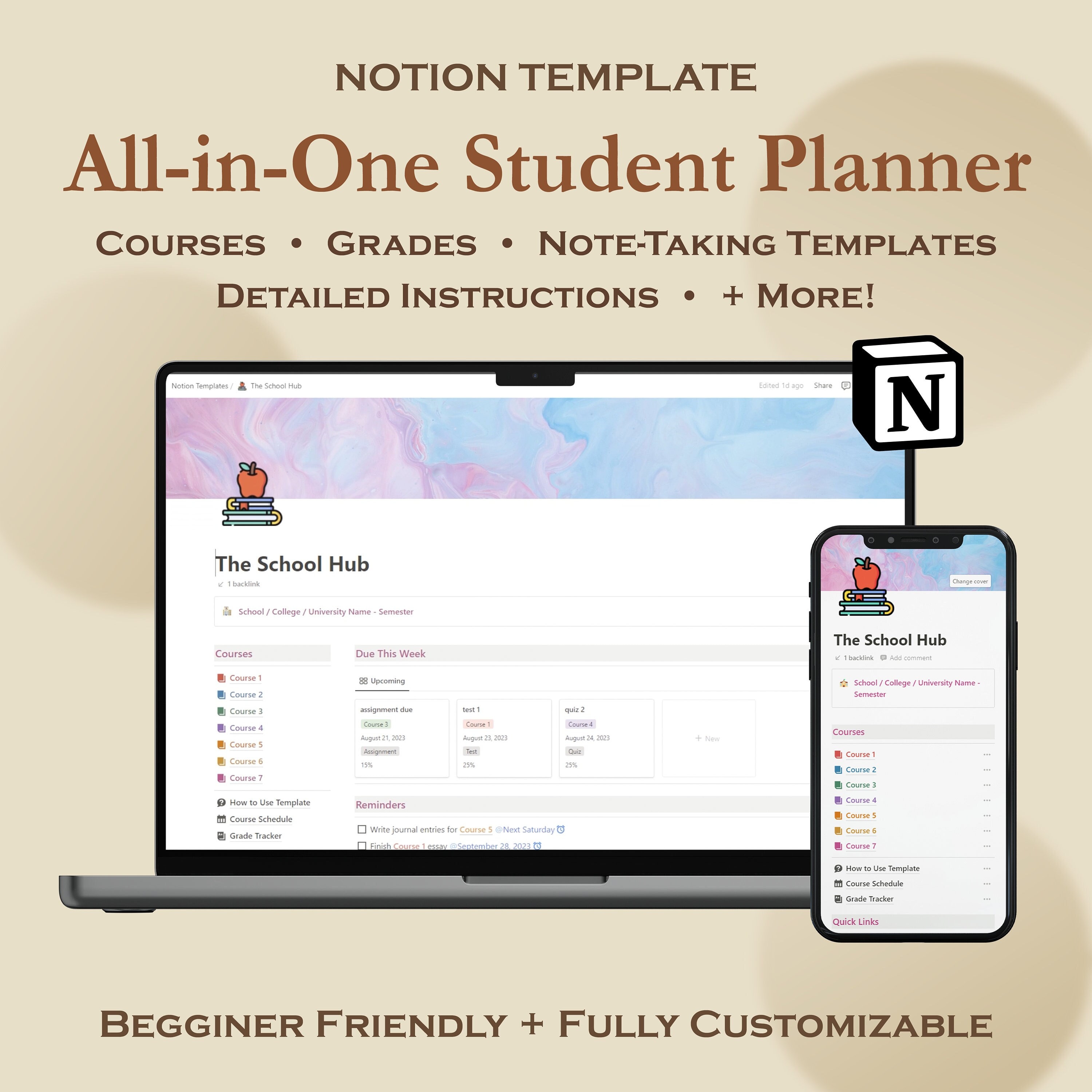 Notion Student Planner Template | School Dashboard Notion Template ...