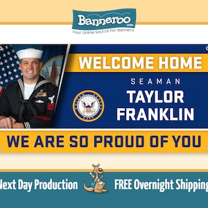 Navy Welcome Home Banner with Photo | Navy PIR Graduation Banner | Pass-In-Review Banner - Free Overnight Shipping