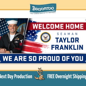 Navy Banner Welcome Home - Military Congratulations Banner - Customizable Picture - Free Overnight Shipping