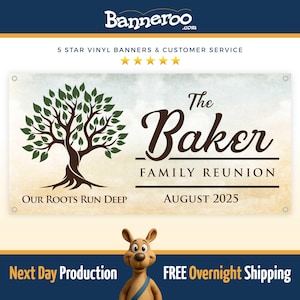 May include: A banner with the text "The Baker Family Reunion August 2025." The banner features a tree graphic with the words "Our Roots Run Deep." The top of the banner reads "5 Star Vinyl Banners & Customer Service."