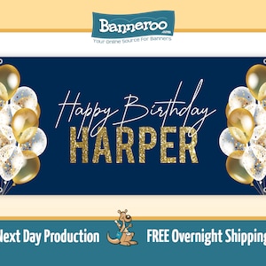 Happy Birthday Banner, Blue and Gold Balloons Banner, Custom Birthday Banner, Navy and Gold Birthday Banner, Navy Blue Gold Glitter Banner