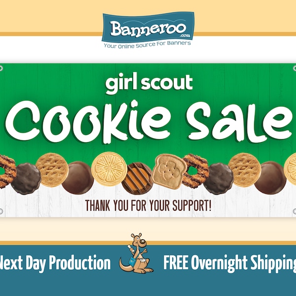 Girl Scout Cookie Sale Banner, Cookies Scouts Banner, We Sell Cookies Here Sign, Girl Scout Table Banner, ABC Cookies,  Free Shipping