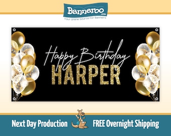 Personalized Birthday Banner | Black & Gold Balloons Party Backdrop