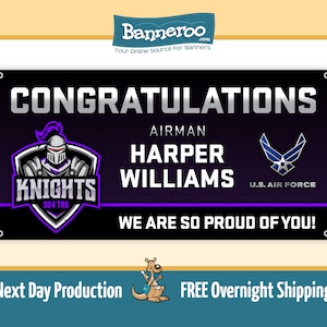 May include: A black and purple banner with the text "Congratulations Airman Harper Williams We Are So Proud Of You!"  The banner also features a purple knight logo with the text "Knights 324 TRS" and a blue U.S. Air Force logo.