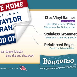 Puede incluir: Una pancarta de vinilo de 13 oz con acabado mate. La pancarta est&aacute; impresa con el texto "Welcome Home Seaman Taylor Fran Proud Of" y presenta un gr&aacute;fico de bandera estadounidense. La pancarta es impermeable y tiene ojales de acero inoxidable cada 61 cm - 91 cm. La pancarta tiene bordes reforzados y es ideal para un uso prolongado. La pancarta se imprime en los Estados Unidos.